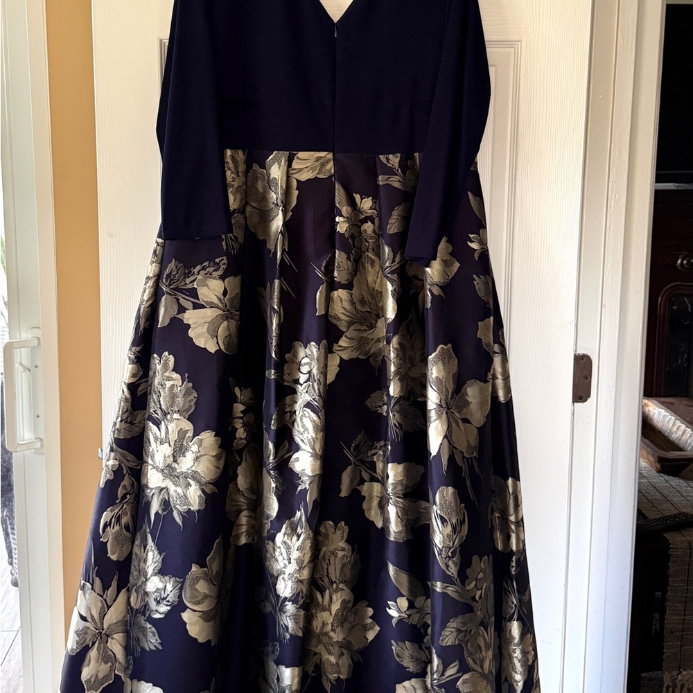 Midnight Navy V-Neck Long Sleeve Dress with Gold Floral Skirt - Picture 3 of 5